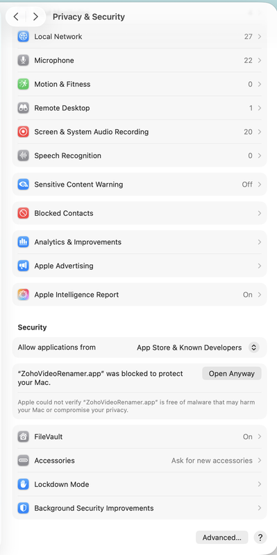 macOS Privacy & Security screen showing the Open Anyway button next to a blocked ZohoVideoRenamer.app entry