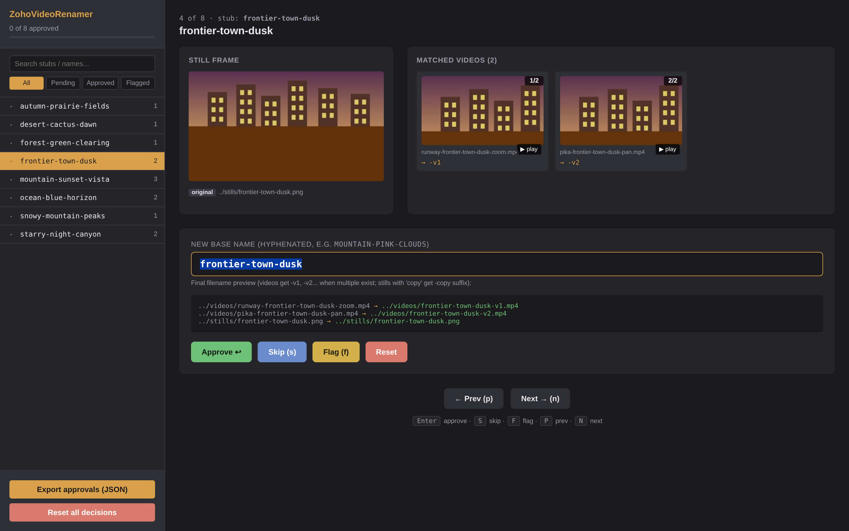 Review UI showing the frontier-town-dusk entry with 2 matched videos