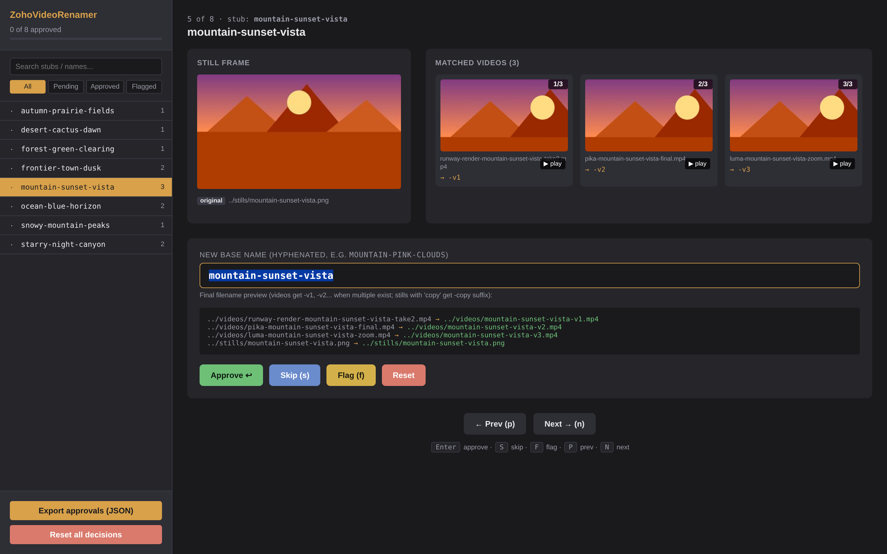 ZohoVideoRenamer review UI — still on the left, three matched videos on the right, name input below, rename preview, approve/skip/flag controls
