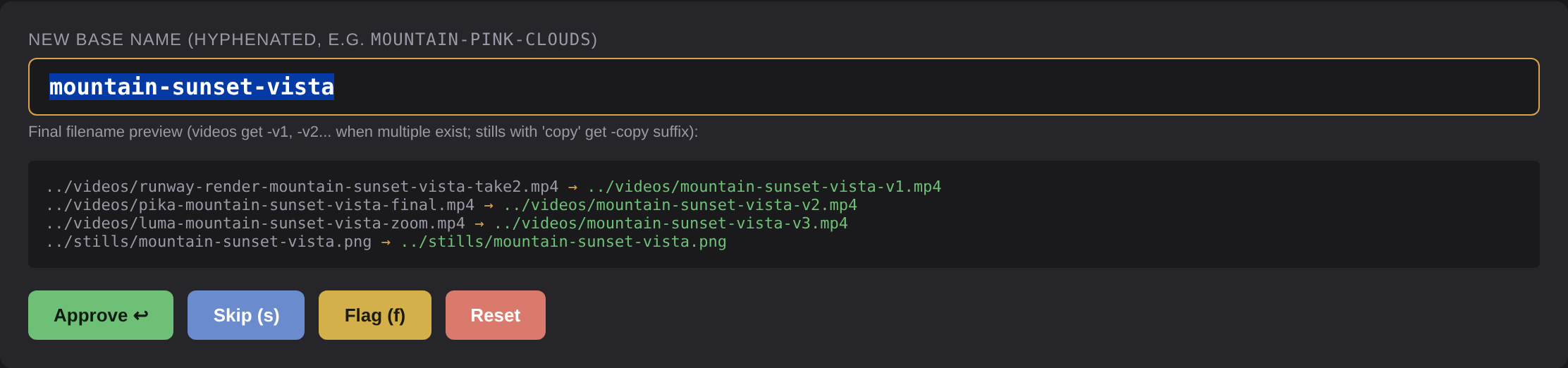 Name input form with live rename preview showing exactly which files will move where